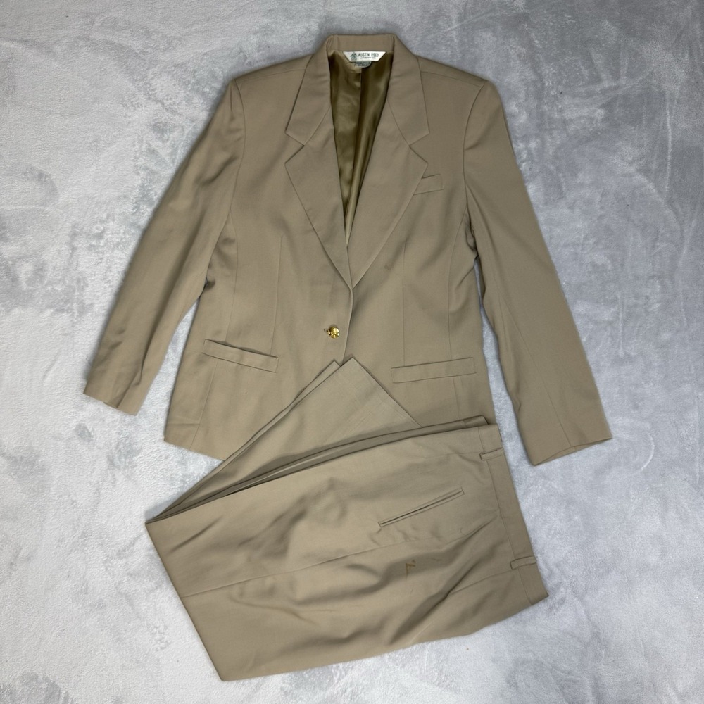 Vintage Austin Reed Wool Pantsuit Women 12 Camel Tan Gold Button Blazer Trousers